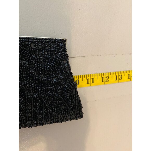 Vintage Black Beaded Clutch Purse With Chain Strap & Silver-Tone Frame - Picture 8 of 8